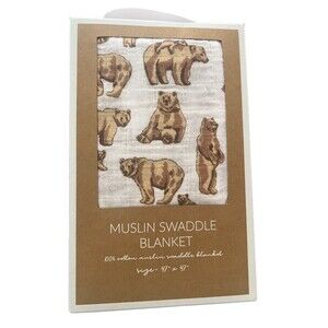 Mud Pie Muslin Swaddle Blanket 47 X 47 Brown Mama Bear & Baby Print White New
